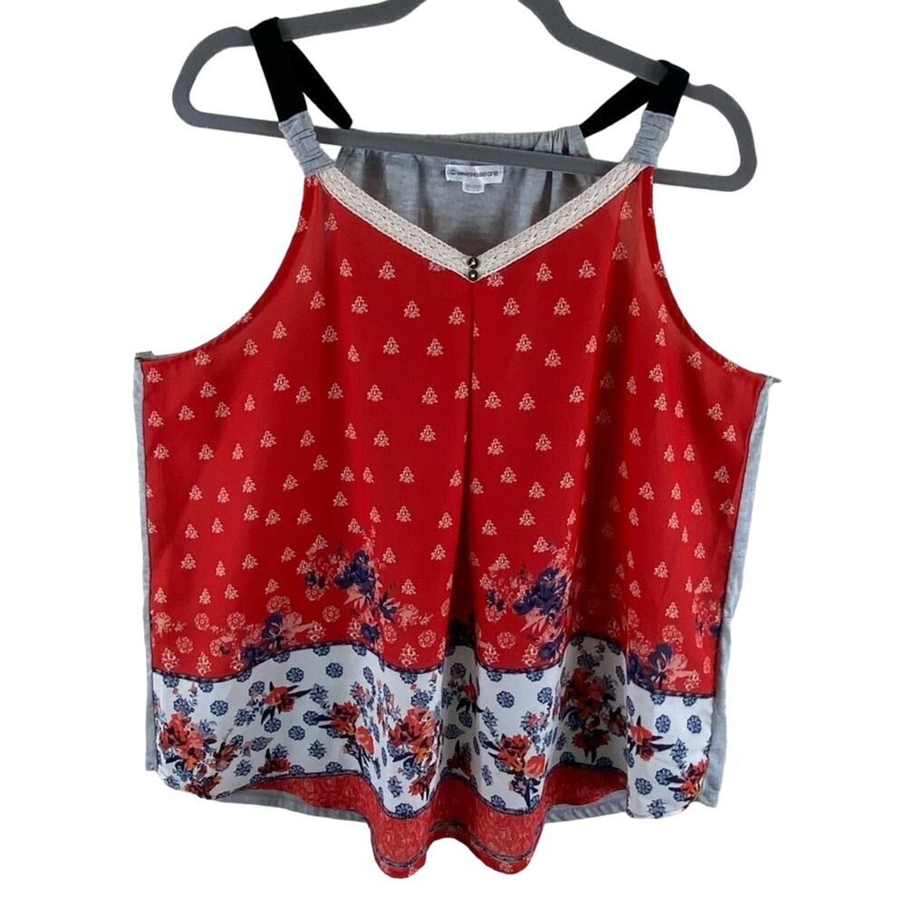 Warehouse One Red Floral Patterned Racerback‎ Lightweight Tank Blouse Size XL